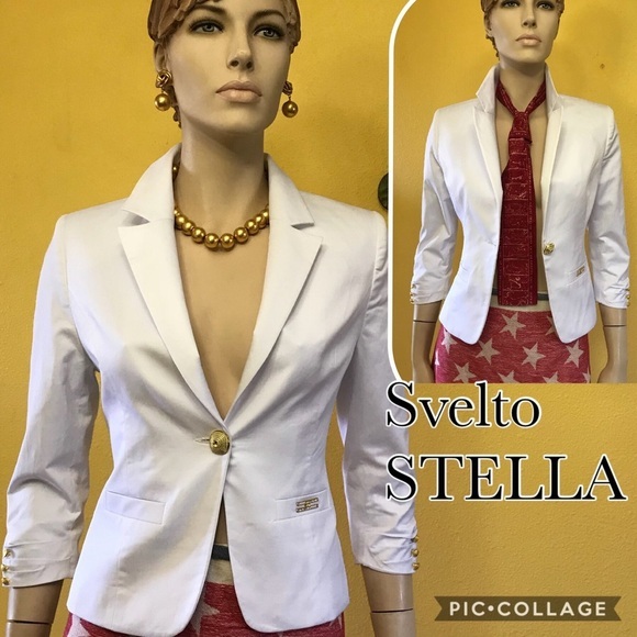 NWT WOMEN 3/4 SLEEVES BLAZER WHITE ELEGANT JACKET LINED GOLD-TONE HARDWARE - Picture 1 of 8